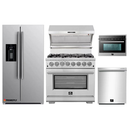 Forno 5-Piece Pro Appliance Package - 36-Inch Dual Fuel Range, Refrigerator with Water Dispenser, Wall Mount Hood with Backsplash, Microwave Oven, & 3-Rack Dishwasher in Stainless Steel