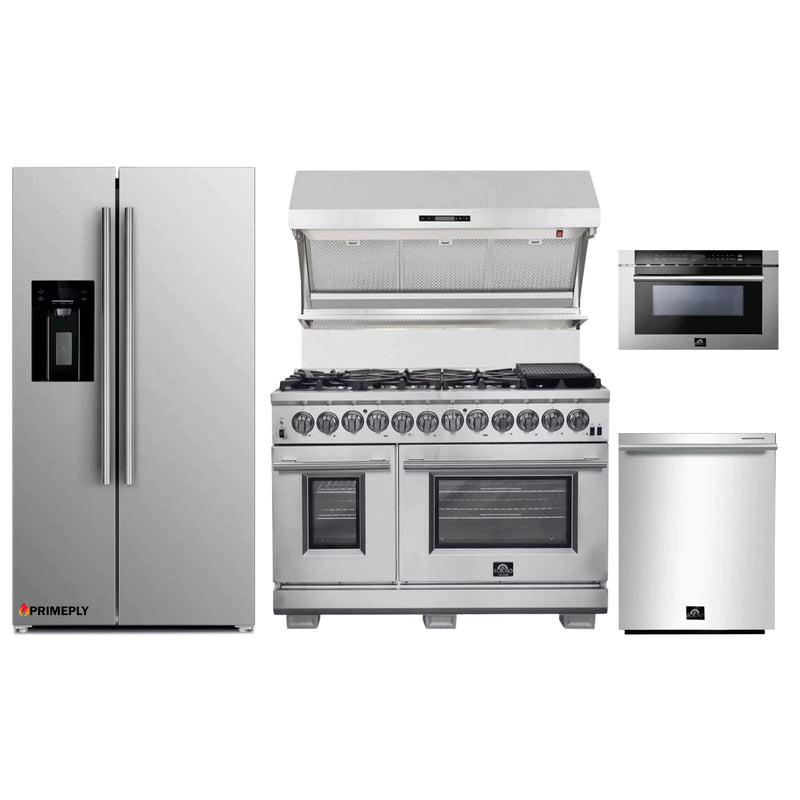 Forno 5-Piece Pro Appliance Package - 48-Inch Dual Fuel Range, Refrigerator with Water Dispenser, Wall Mount Hood with Backsplash, Microwave Drawer, & 3-Rack Dishwasher in Stainless Steel