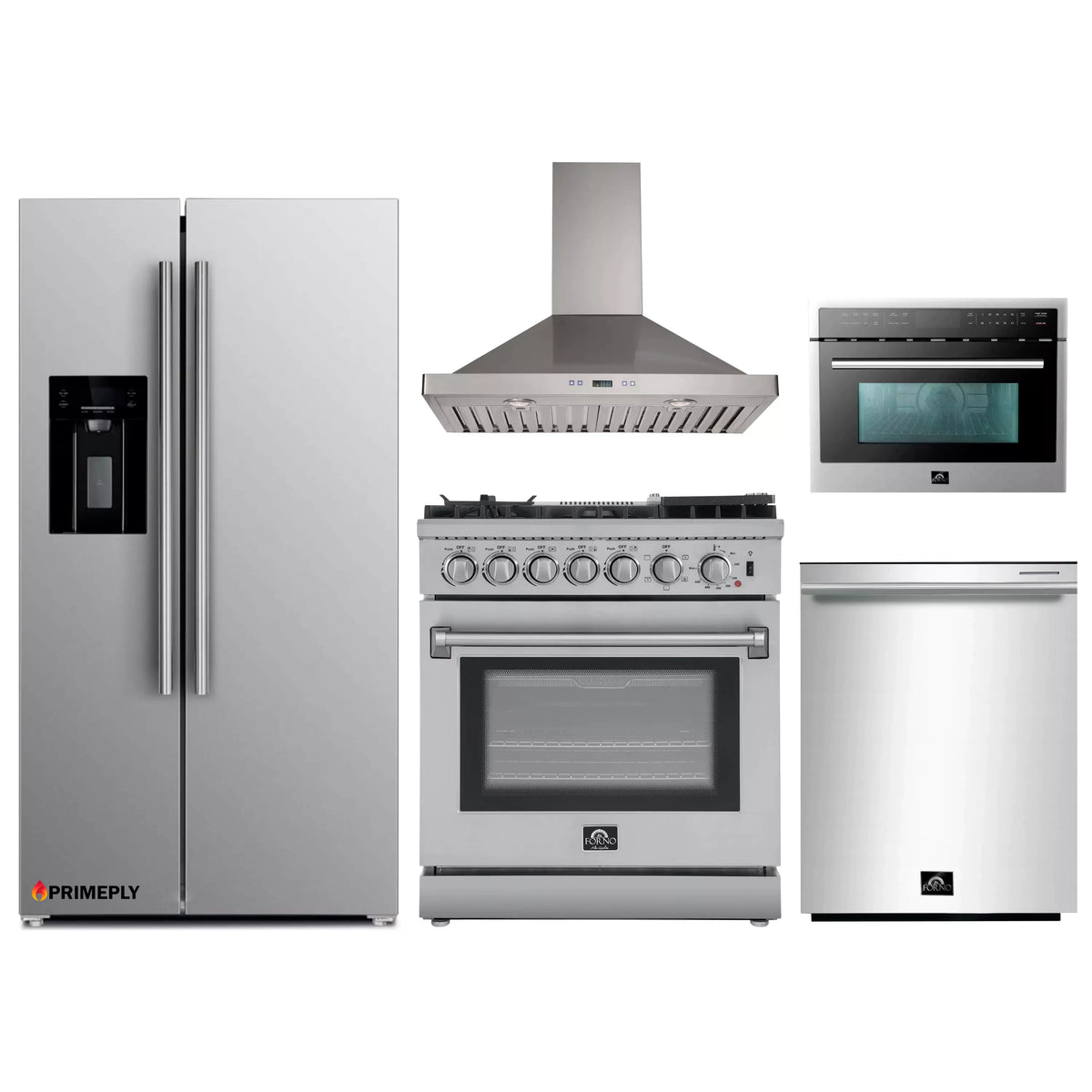 Forno 5-Piece Appliance Package - 30-Inch Dual Fuel Range with Air Fryer, Refrigerator with Water Dispenser, Wall Mount Hood, Microwave Oven, & 3-Rack Dishwasher in Stainless Steel