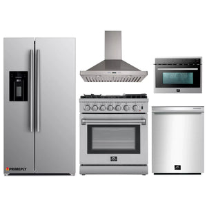Forno 5-Piece Appliance Package - 30-Inch Dual Fuel Range with Air Fryer, Refrigerator with Water Dispenser, Wall Mount Hood, Microwave Oven, & 3-Rack Dishwasher in Stainless Steel