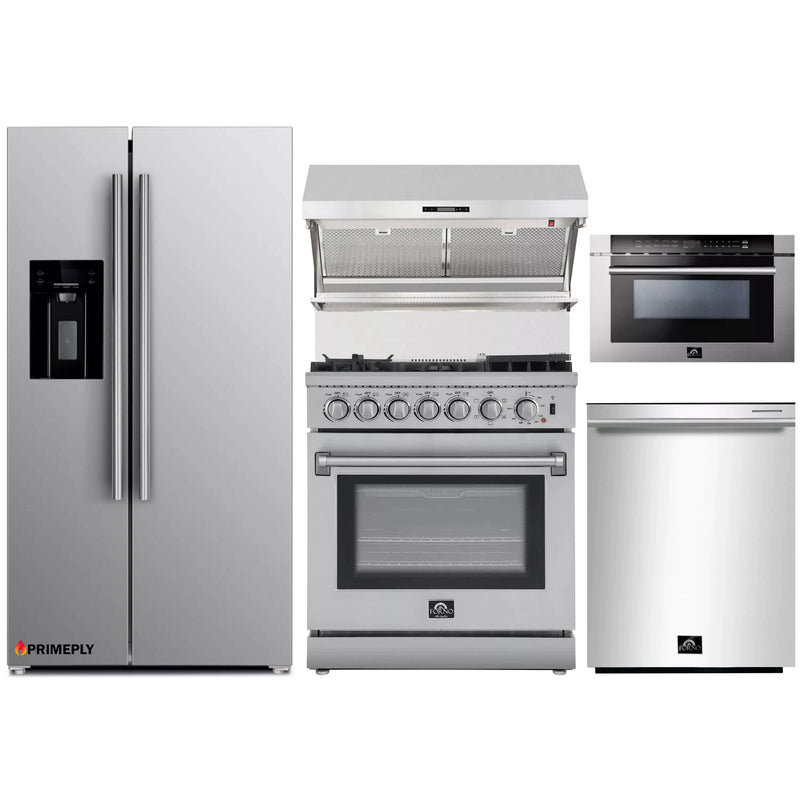 Forno 5-Piece Appliance Package - 30-Inch Dual Fuel Range with Air Fryer, Refrigerator with Water Dispenser, Wall Mount Hood with Backsplash, Microwave Drawer, & 3-Rack Dishwasher in Stainless Steel