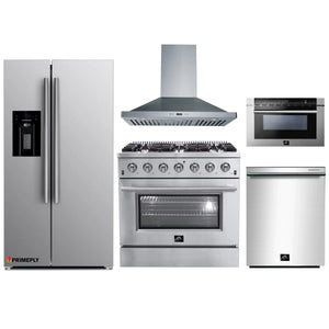 Forno 5-Piece Appliance Package - 36-Inch Gas Range, Refrigerator with Water Dispenser, Wall Mount Hood, Microwave Drawer, & 3-Rack Dishwasher in Stainless Steel