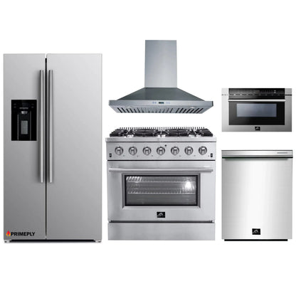 Forno 5-Piece Appliance Package - 36-Inch Gas Range, Refrigerator with Water Dispenser, Wall Mount Hood, Microwave Drawer, & 3-Rack Dishwasher in Stainless Steel