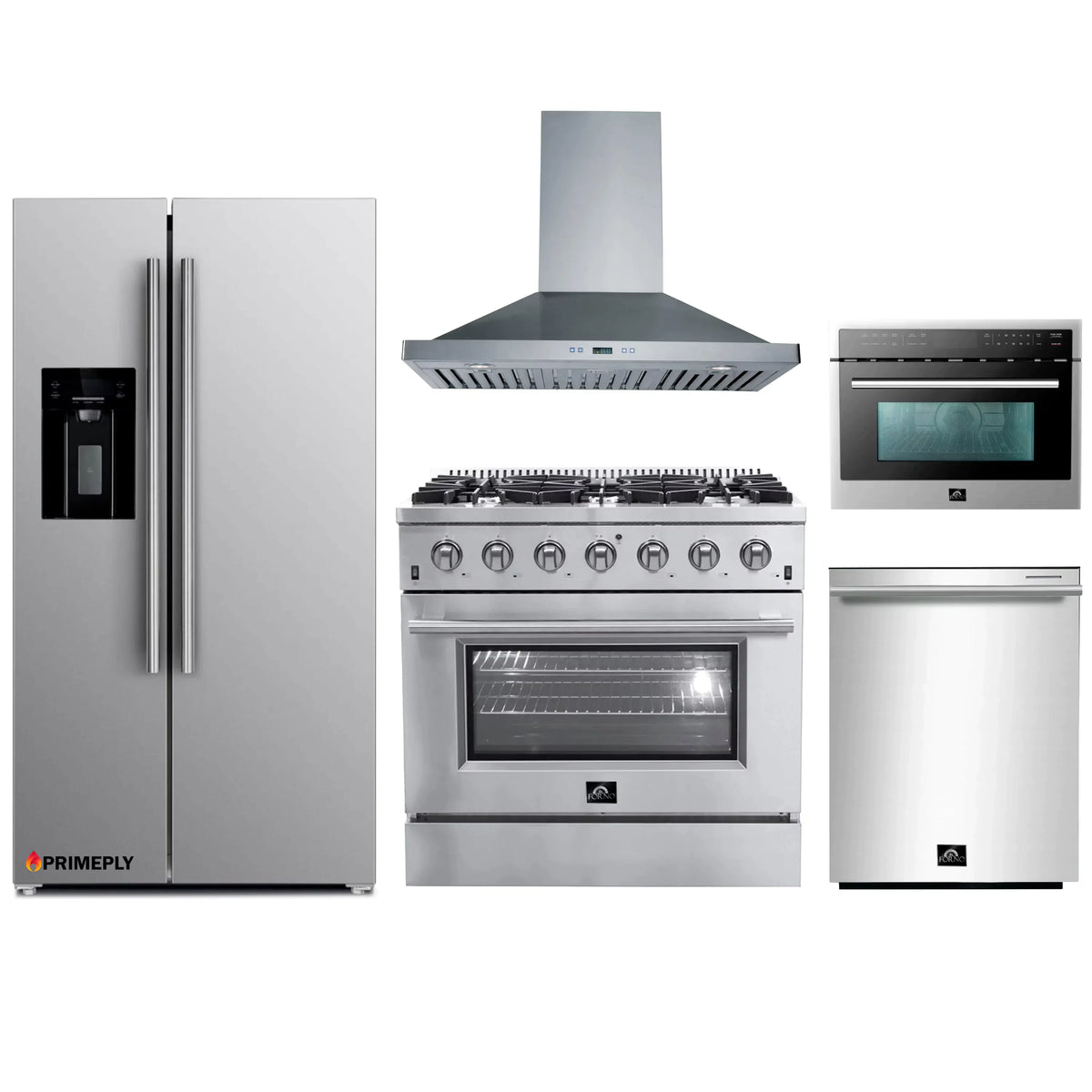 Forno 5-Piece Appliance Package - 36-Inch Gas Range, Refrigerator with Water Dispenser, Wall Mount Hood, Microwave Oven, & 3-Rack Dishwasher in Stainless Steel
