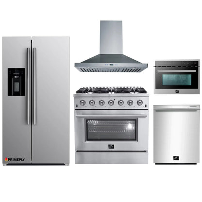 Forno 5-Piece Appliance Package - 36-Inch Gas Range, Refrigerator with Water Dispenser, Wall Mount Hood, Microwave Oven, & 3-Rack Dishwasher in Stainless Steel
