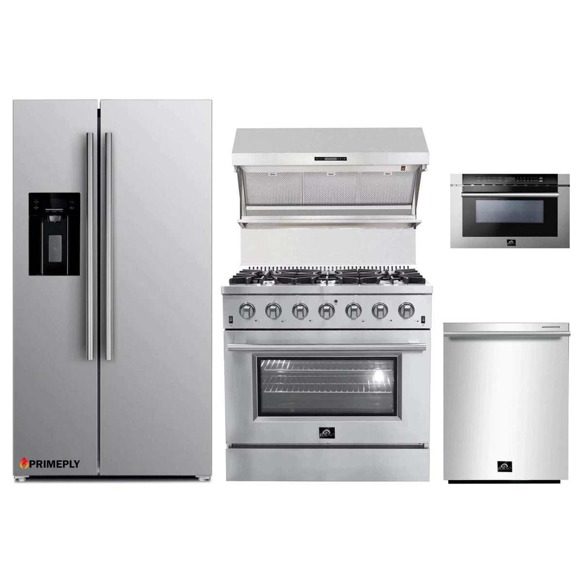 Forno 5-Piece Appliance Package - 36-Inch Gas Range, Refrigerator with Water Dispenser, Wall Mount Hood with Backsplash, Microwave Drawer, & 3-Rack Dishwasher in Stainless Steel