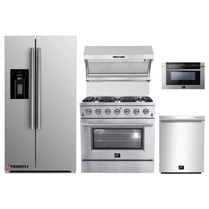 Forno 5-Piece Appliance Package - 36-Inch Gas Range, Refrigerator with Water Dispenser, Wall Mount Hood with Backsplash, Microwave Drawer, & 3-Rack Dishwasher in Stainless Steel