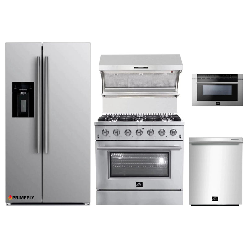 Forno 5-Piece Appliance Package - 36-Inch Gas Range, Refrigerator with Water Dispenser, Wall Mount Hood with Backsplash, Microwave Drawer, & 3-Rack Dishwasher in Stainless Steel