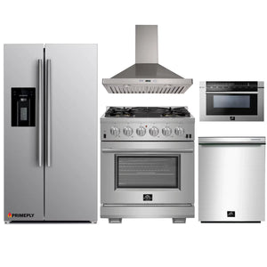 Forno 5-Piece Pro Appliance Package - 30-Inch Gas Range, Refrigerator with Water Dispenser, Wall Mount Hood, Microwave Drawer, & 3-Rack Dishwasher in Stainless Steel