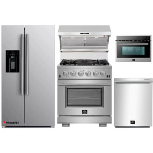 Forno 5-Piece Pro Appliance Package - 30-Inch Gas Range, Refrigerator with Water Dispenser, Wall Mount Hood with Backsplash, Microwave Oven, & 3-Rack Dishwasher in Stainless Steel