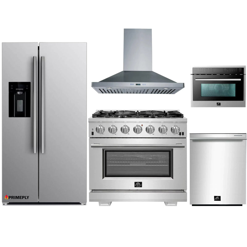 Forno 5-Piece Pro Appliance Package - 36-Inch Gas Range, Refrigerator with Water Dispenser, Wall Mount Hood, Microwave Oven, & 3-Rack Dishwasher in Stainless Steel