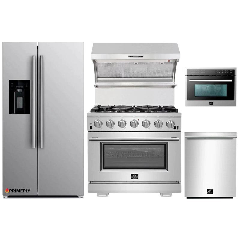 Forno 5-Piece Pro Appliance Package - 36-Inch Gas Range, Refrigerator with Water Dispenser, Wall Mount Hood with Backsplash, Microwave Oven, & 3-Rack Dishwasher in Stainless Steel