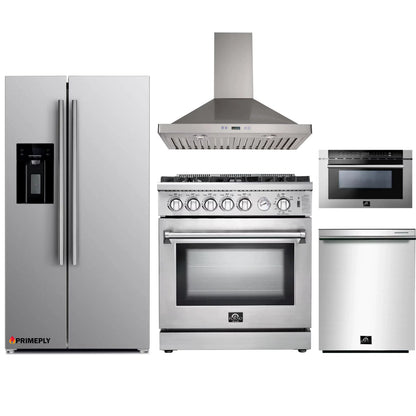 Forno 5-Piece Appliance Package - 30-Inch Gas Range, Refrigerator with Water Dispenser, Wall Mount Hood, Microwave Drawer, & 3-Rack Dishwasher in Stainless Steel