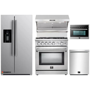 Forno 5-Piece Appliance Package - 30-Inch Gas Range, Refrigerator with Water Dispenser, Wall Mount Hood with Backsplash, Microwave Oven, & 3-Rack Dishwasher in Stainless Steel