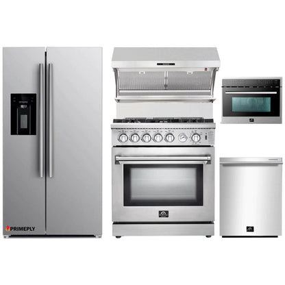 Forno 5-Piece Appliance Package - 30-Inch Gas Range, Refrigerator with Water Dispenser, Wall Mount Hood with Backsplash, Microwave Oven, & 3-Rack Dishwasher in Stainless Steel