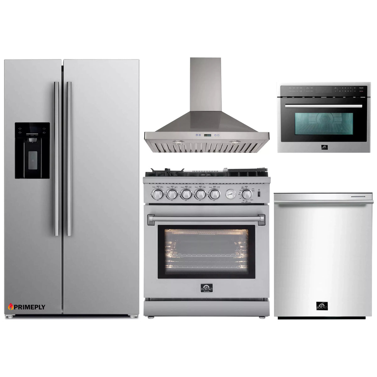 Forno 5-Piece Appliance Package - 30-Inch Gas Range with Air Fryer, Refrigerator with Water Dispenser, Wall Mount Hood, Microwave Oven, & 3-Rack Dishwasher in Stainless Steel