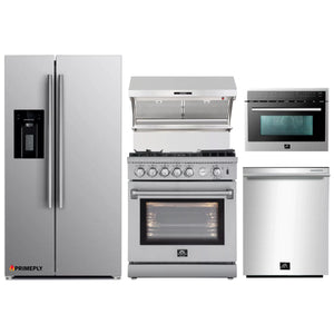 Forno 5-Piece Appliance Package - 30-Inch Gas Range with Air Fryer, Refrigerator with Water Dispenser, Wall Mount Hood with Backsplash, Microwave Oven, & 3-Rack Dishwasher in Stainless Steel