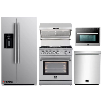 Forno 5-Piece Appliance Package - 30-Inch Gas Range with Air Fryer, Refrigerator with Water Dispenser, Wall Mount Hood with Backsplash, Microwave Oven, & 3-Rack Dishwasher in Stainless Steel