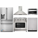 Thor Kitchen 5-Piece Appliance Package - 36-Inch Gas Range, Refrigerator with Water Dispenser, Wall Mount Hood, Dishwasher, & Microwave Drawer in Stainless Steel