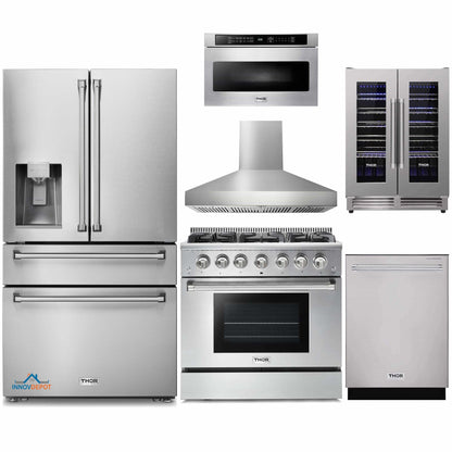 Thor Kitchen 6-Piece Pro Appliance Package - 36-Inch Gas Range, Refrigerator with Water Dispenser, Pro-Style Wall Mount Hood, Dishwasher, Microwave Drawer, & Wine Cooler in Stainless Steel