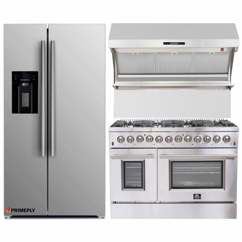 Forno 3-Piece Appliance Package - 48-Inch Dual Fuel Range, Refrigerator with Water Dispenser, & Wall Mount Hood with Backsplash in Stainless Steel