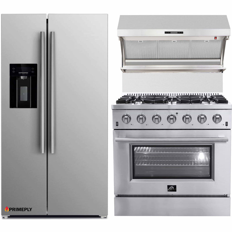 Forno 3-Piece Appliance Package - 36-Inch Gas Range, Refrigerator with Water Dispenser, & Wall Mount Hood with Backsplash in Stainless Steel