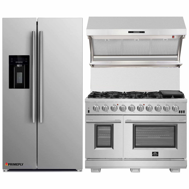 Forno 3-Piece Pro Appliance Package - 48-Inch Gas Range, Refrigerator with Water Dispenser,& Wall Mount Hood with Backsplash in Stainless Steel