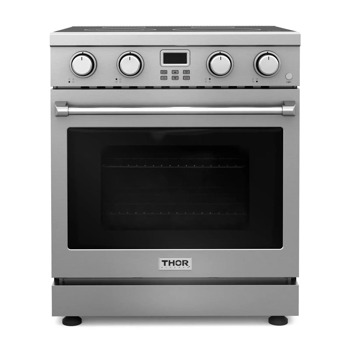 Thor Kitchen 4-Piece Appliance Package - 30-Inch Electric Range, Wall Mount Range Hood, Refrigerator with Water Dispenser, and Dishwasher in Stainless Steel