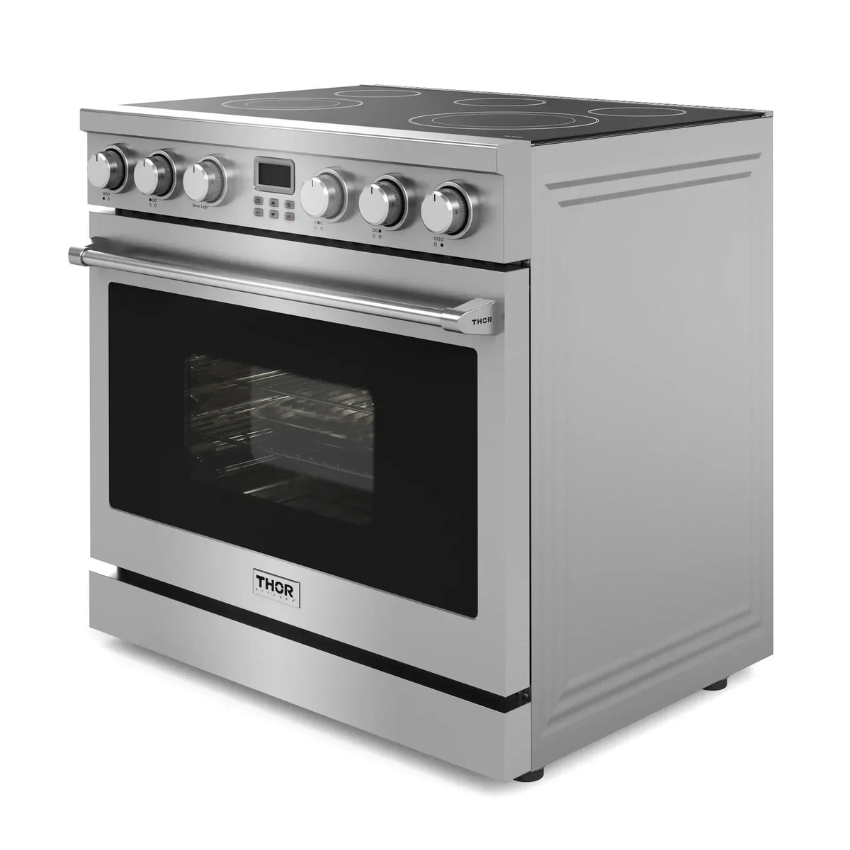 Thor Kitchen 4-Piece Appliance Package - 36-Inch Electric Range, Refrigerator with Water Dispenser, Dishwasher, and Microwave in Stainless Steel