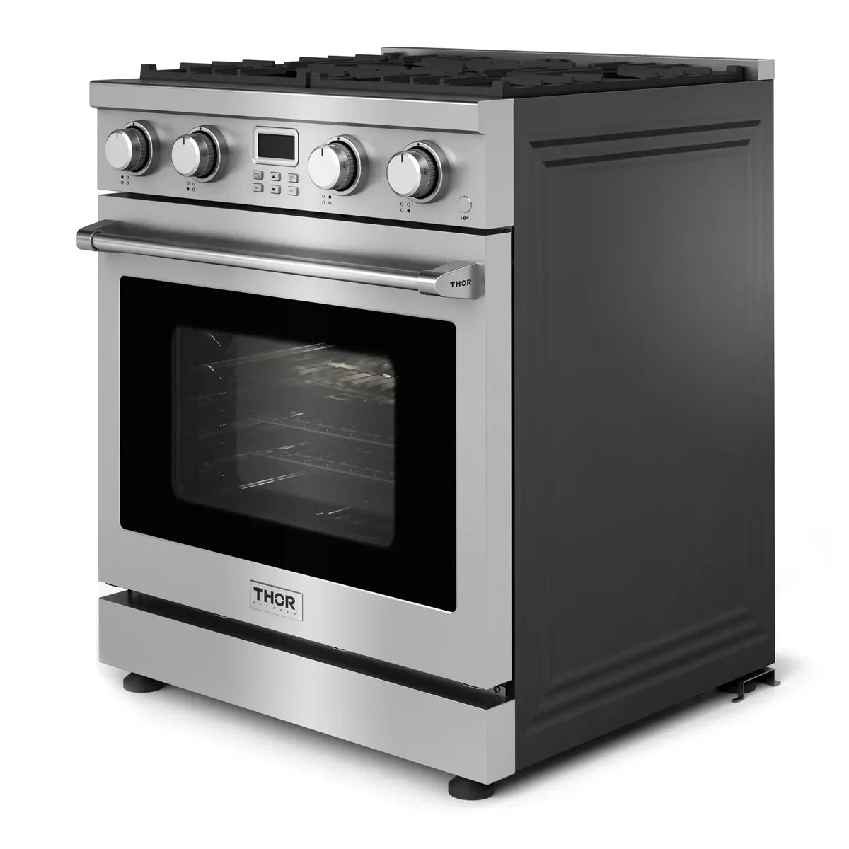 Thor Kitchen 4-Piece Appliance Package - 30-Inch Gas Range, Wall Mounted Range Hood, Refrigerator with Water Dispenser, and Dishwasher in Stainless Steel