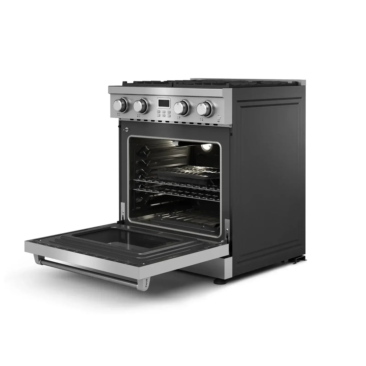 Thor Kitchen 4-Piece Appliance Package - 30-Inch Gas Range, Wall Mounted Range Hood, Refrigerator with Water Dispenser, and Dishwasher in Stainless Steel