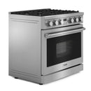 Thor Kitchen 5-Piece Appliance Package - 36-Inch Gas Range, Pro-Style Wall Mount Range Hood, Refrigerator with Water Dispenser, Dishwasher, and Microwave in Stainless Steel