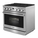 Thor Kitchen 5-Piece Appliance Package - 36-Inch Gas Range, Pro-Style Wall Mount Range Hood, Refrigerator with Water Dispenser, Dishwasher, and Microwave in Stainless Steel