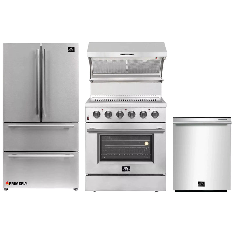 Forno 4-Piece Appliance Package - 30-Inch Electric Range, Wall Mount Range Hood with Backsplash, French Door Refrigerator, and Dishwasher in Stainless Steel