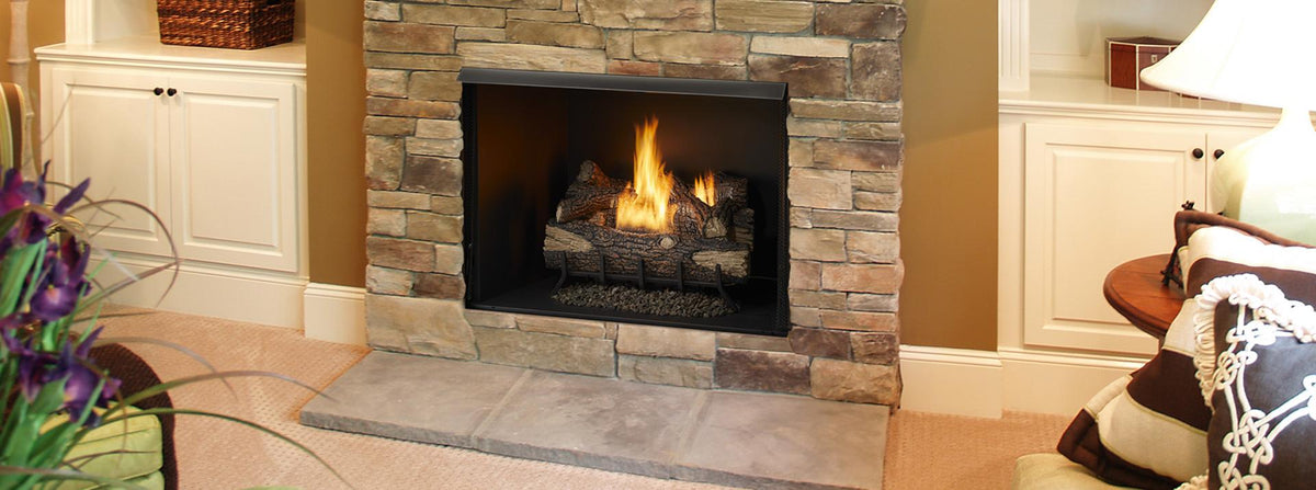 Monessen Exacta 36-inch clean-face vent-free firebox with stone surround