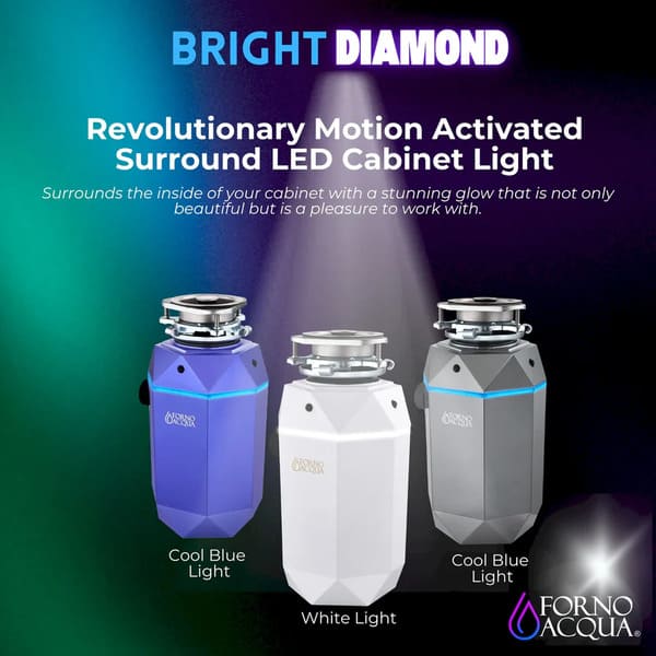 FORNO Acqua BrightDiamond 3/4HP Super Quiet Garbage Disposal Corded with Motion Sensor Cabinet Light & Pre-Wired Air Switch - MyBBQDirect