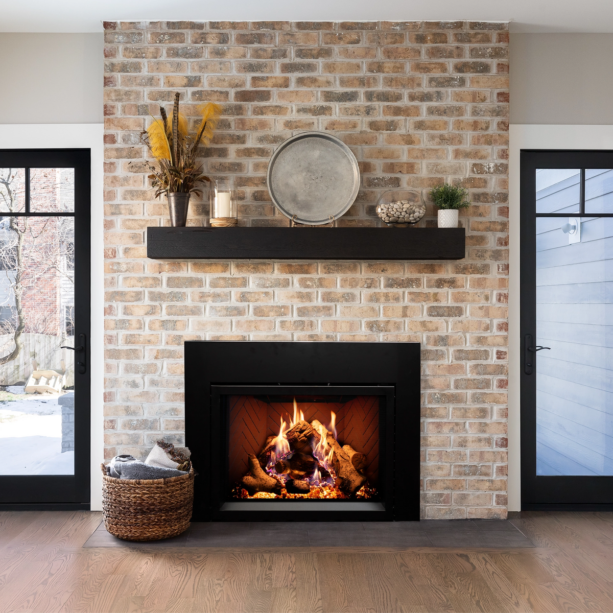 Empire Rainier gas insert with birch log set and red herringbone liner