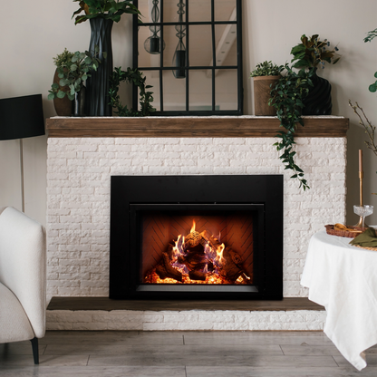 Empire Rainier 34 inch direct-vent gas insert with oak log set and red herringbone liner