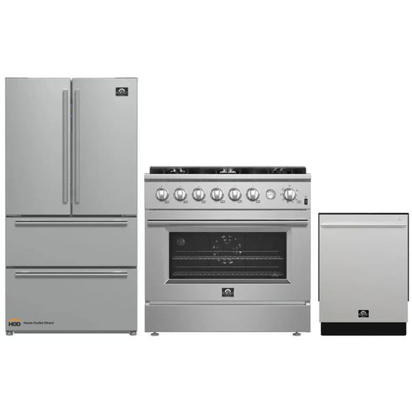 FORNO 3-Piece Appliance Package - 36-Inch Marco Gas Range, French Door Refrigerator, & Dishwasher in Stainless Steel FBDL-009-01CAUS - MyBBQDirect