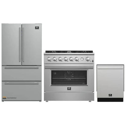 FORNO 3-Piece Appliance Package - 36-Inch Marco Gas Range, French Door Refrigerator, & Dishwasher in Stainless Steel FBDL-009-01CAUS - MyBBQDirect