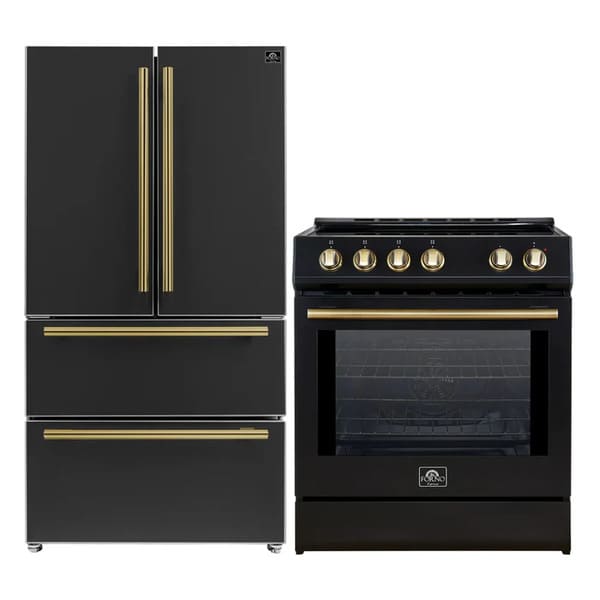 FORNO 2-Piece Appliance Package - 30-Inch Slide-In Induction Range and 36-Inch French Door Refrigerator in Black with Antique Brass Handle FBDL-014-13CAUS - MyBBQDirect