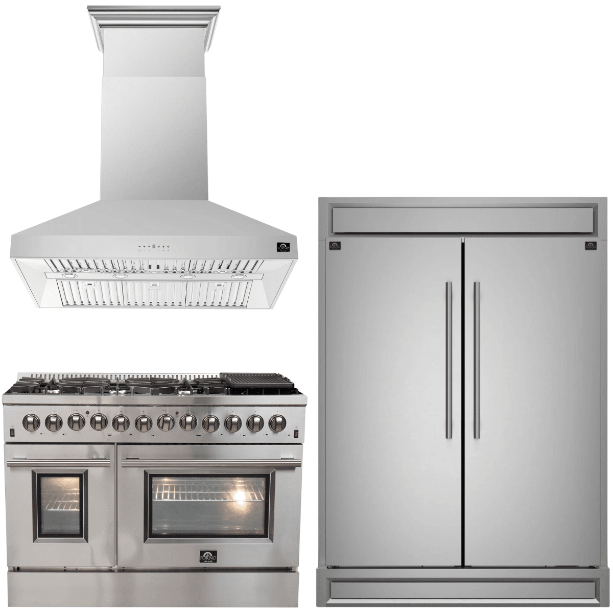 Forno Appliance Package - 48" Dual Fuel Range, Wall Mount Range Hood and 60" Refrigerator with Modern Grill Trim, FBDL-017-04CAUS