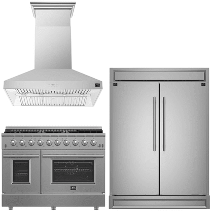 Forno Appliance Package - 48" Gas Range, Wall Mount Range Hood and 60" Refrigerator with Modern Grill Trim, FBDL-018-04CAUS