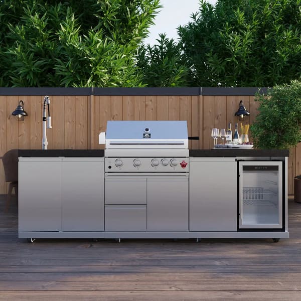 FORNO Bulnes Outdoor Kitchen 30-Inch BBQ 60,000 BTU, with Sear, Rotisserie Infrared Burners, 1.8 Cu.Ft. Beverage Center, & Black/White Countertops - MyBBQDirect
