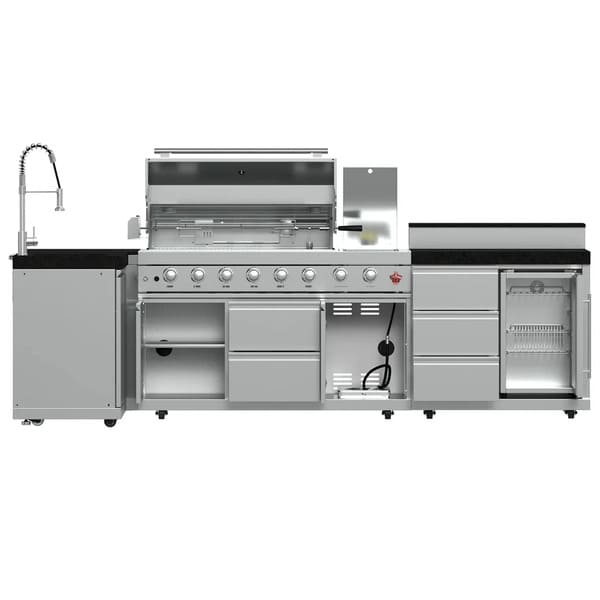 FORNO Bulnes Outdoor Kitchen 40-Inch BBQ 95,000 BTU, with 5 Burners, Sear & Rotisserie Infrared Side Burner, 1.8 cu.ft. Beverage Center & Black/White Countertops - MyBBQDirect