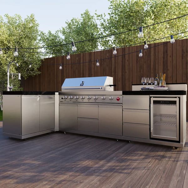 FORNO Bulnes Outdoor Kitchen 40-Inch BBQ 95,000 BTU, with 5 Burners, Sear & Rotisserie Infrared Side Burner, 1.8 cu.ft. Beverage Center & Black/White Countertops - MyBBQDirect