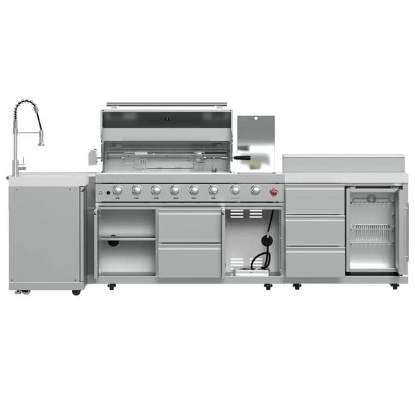 FORNO Bulnes Outdoor Kitchen 40-Inch BBQ 95,000 BTU, with 5 Burners, Sear & Rotisserie Infrared Side Burner, 1.8 cu.ft. Beverage Center & Black/White Countertops - MyBBQDirect