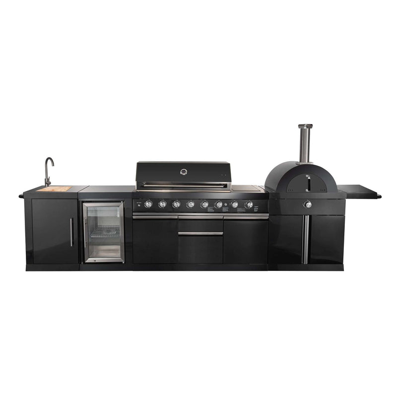 Forno All'Aperto 87,600 BTU BBQ with 4 Stainless-Steel Burners with Infrared Burners & Side Burner, Sink Module with Black Sintered Stone Countertops, Gaz Pizza Oven, Bar & Beverage Center