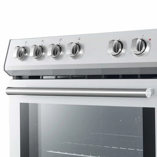 Close-up view of the control knobs on the FORNO 30-inch electric range in stainless steel, featuring a sleek metallic finish and precise temperature markings.