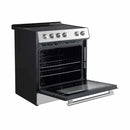 Left-angled view of the FORNO 30-inch electric range in stainless steel with the oven door open, showcasing the interior cavity, oven racks, and sleek exterior design.